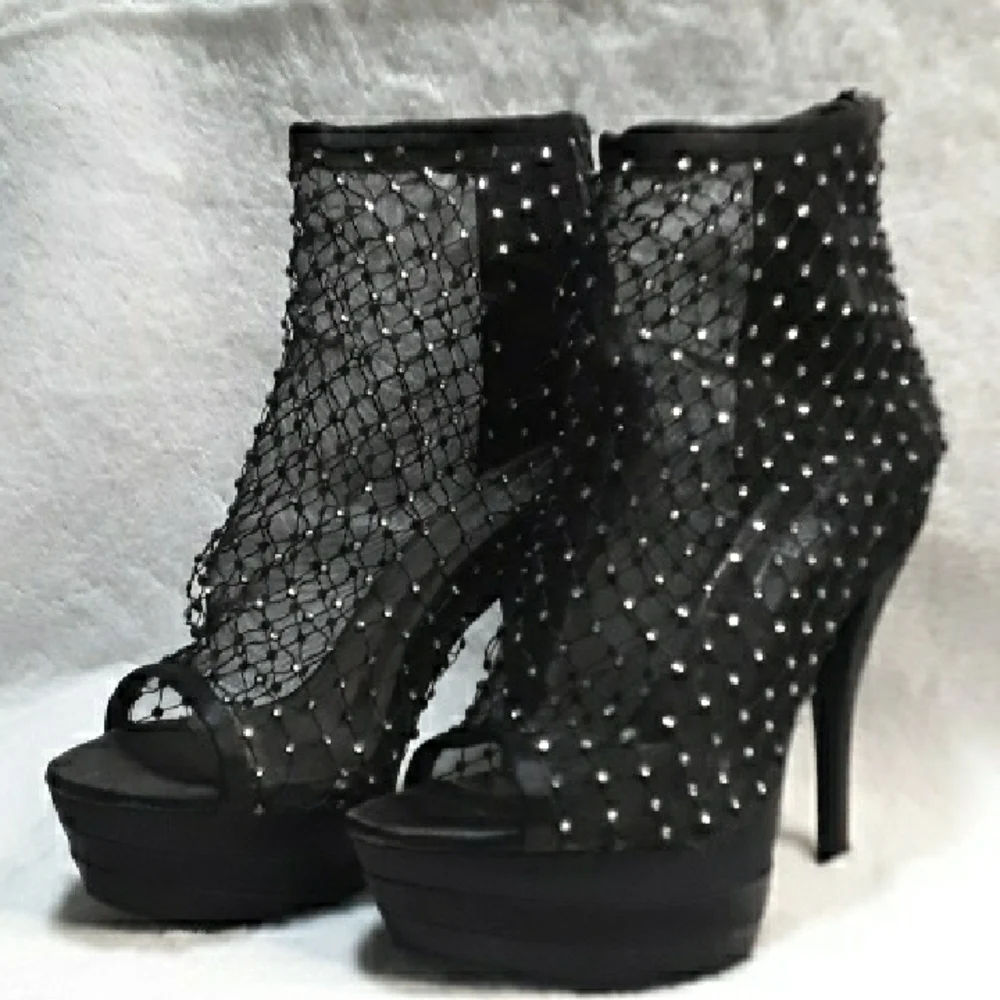 **SOLD** Wild Rose Black Mesh High Heels with Rhinestones - Picture 1 of 8